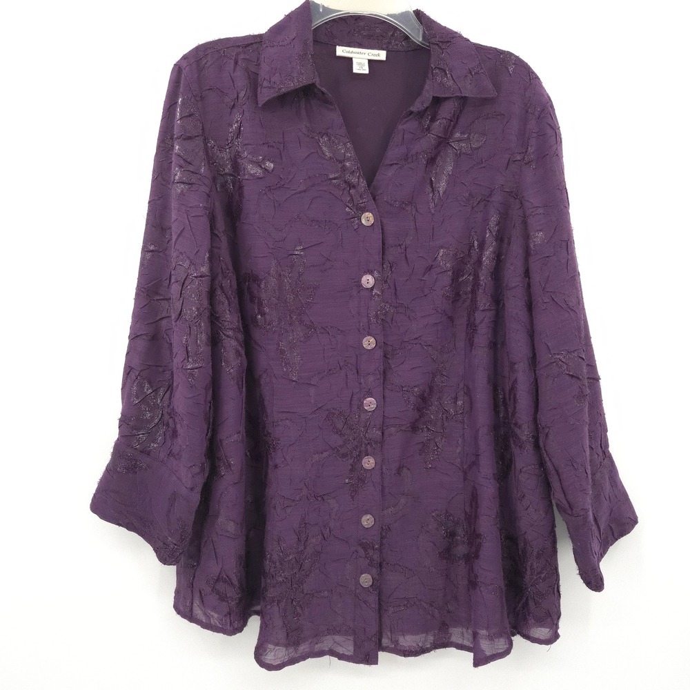 Coldwater Creek Blouse Women 1X Purple Floral Metallic Crinkle Button Front Top